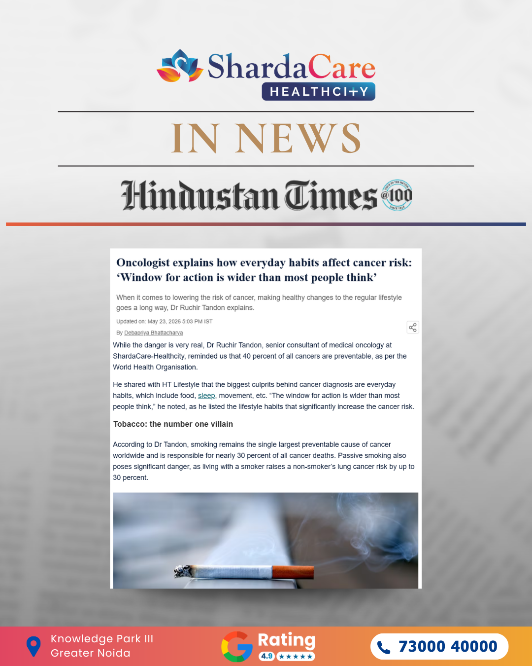 ShardaCare - Healthcity Featured in Hindustan Times Everyday Habits & Cancer Risk What You Should Know