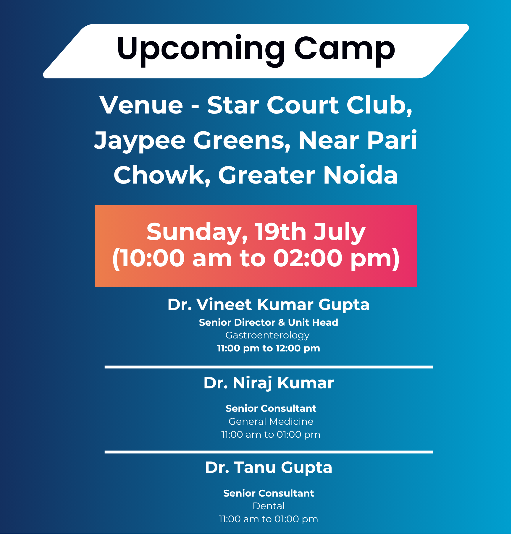Venue - Star Court Club, Jaypee Greens, Near Pari Chowk, Greater Noida Sunday, 19th July 10:00 am to 02:00 pm